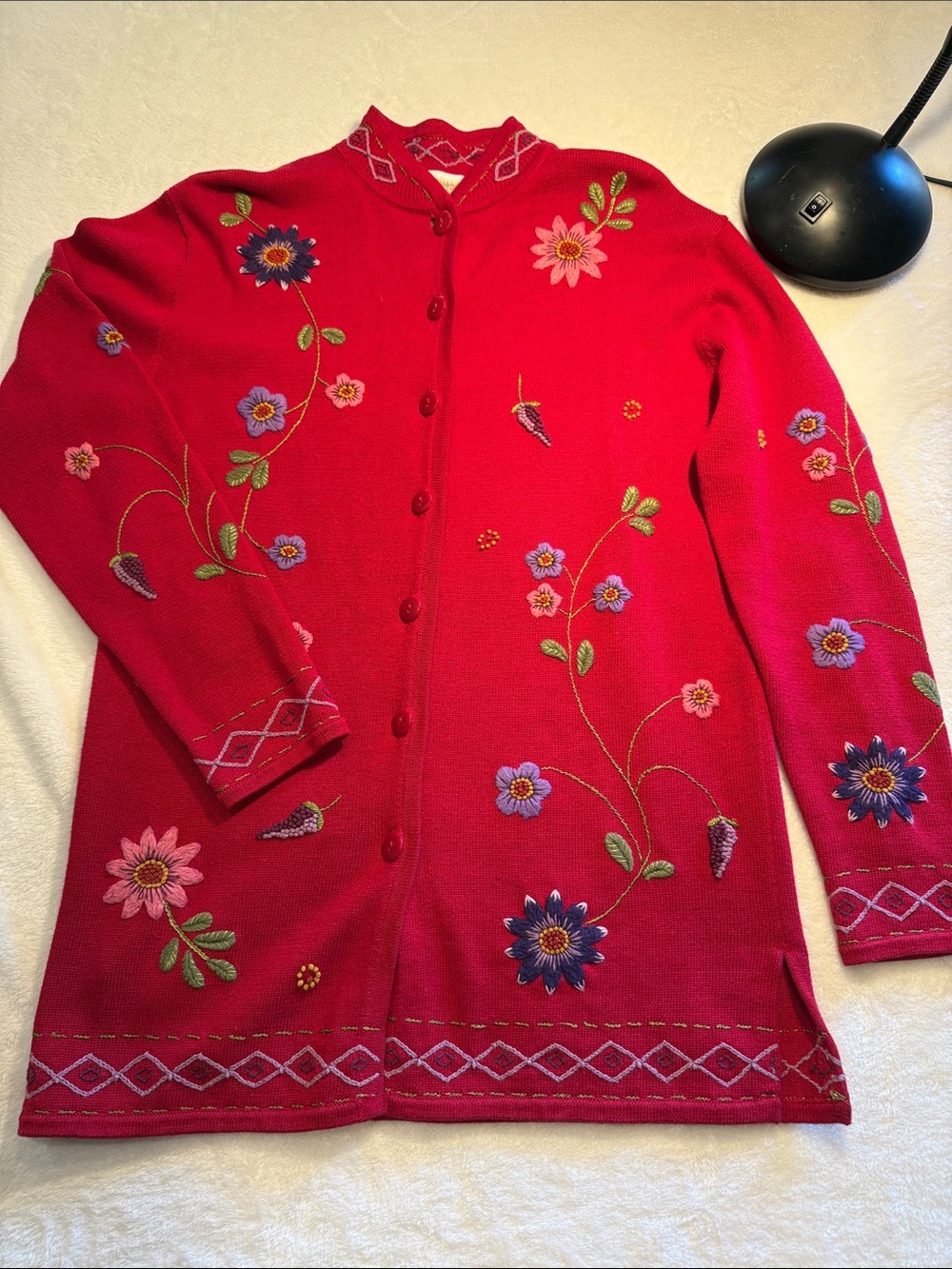 Beautiful Vintage Coldwater Creek Red Embroidered Button-Front Cardigan